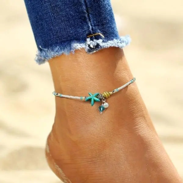 Žvaigždės ir kriauklės anklet apyrankė su natūraliais akmenimis